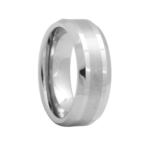 Beveled Mens Tungsten Ring with Brush Stripe