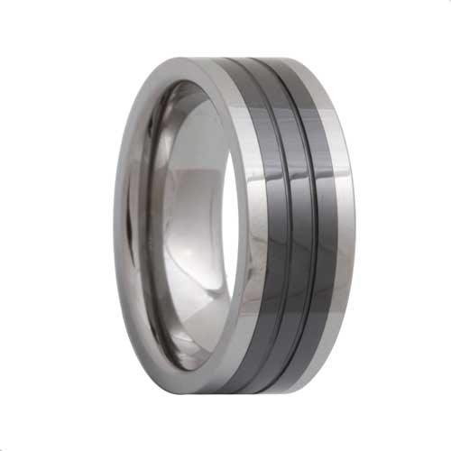 Pipe Cut Ceramic Inlay 2 Tone Tungsten Band Grooved