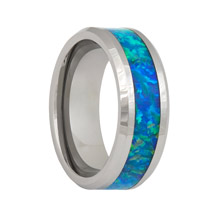 Tungsten Ring with Beveled Edges and Green Blue Opal Inlay (6mm - 8mm)