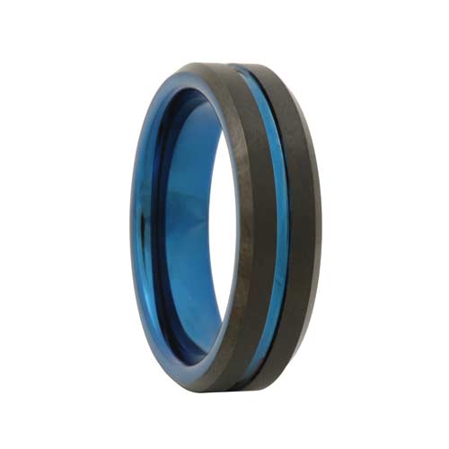 Brushed Thin Blue Line Beveled Black Tungsten Ring