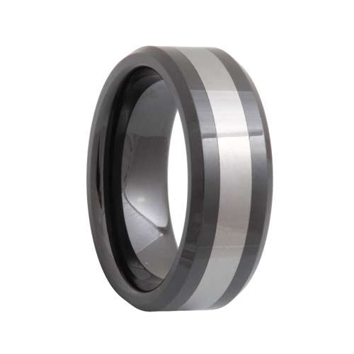 Beveled Black Ceramic Tungsten Inlay Ring (6mm - 8mm)